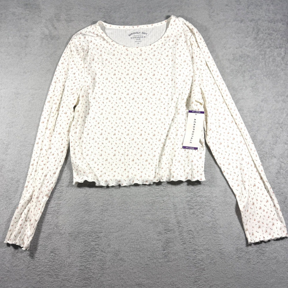 Aeropostale Shrunken Tee Womens XXL White Floral Ribbed Lettuce Hem Long Sleeve
